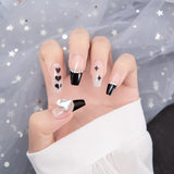 24PCS Glitter Press On Nails Korean Style Heart Rhinestone Design Coffin Fake Nails Full Cover Acrylic Nails Tips for girls Gift