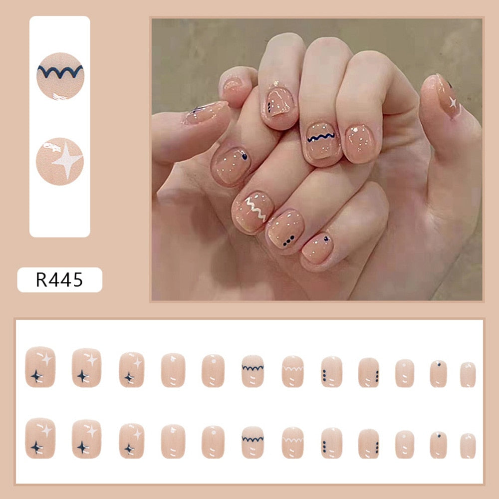 24pcs Gradient False Nails Cute Star Printed Design Fake Nail Short Square Faux Ongles Manicure Nail Stickers Press On Nail Tips