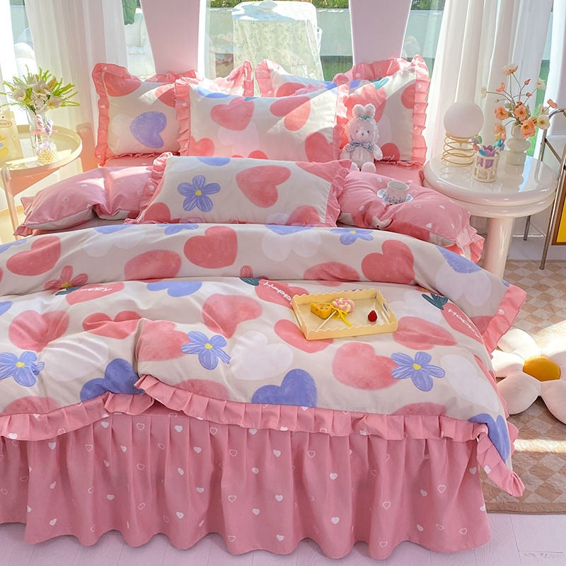 Girls Flowers Bedding Set Korean Princess Lace Ruffle Bed Skirt Quilt Cover Floral Duvet Cover Decor Home Simple Bedclothes