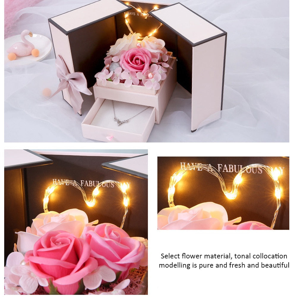 Qfdian Party gifts Party decoration hot sale new Foldable Romantic Soap Flower Rose Jewelry Gift Box With Drawer LED Light Valentine Girlfriend New Year Wedding Gift Anniversary