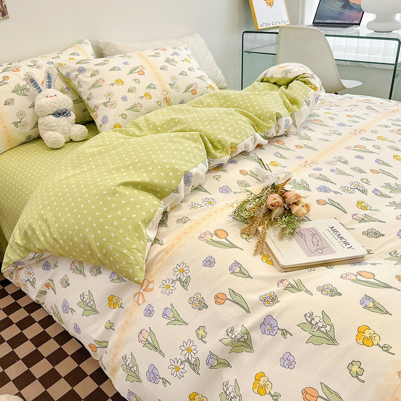 Ins Style Bedding Set Cotton Soft Flat Fitted Sheet Duvet Cover Pillowcase Floral Rabbit Boy Girls Home Textile Bedclothes