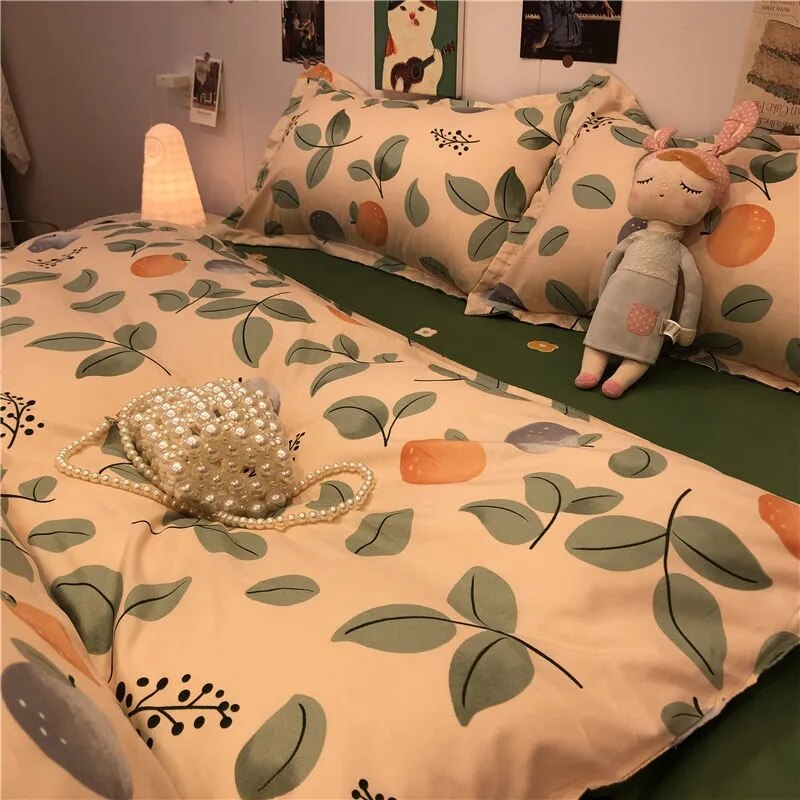 Ins Pastoral Style Green Floral Duvet Cover With Pillow Case Princess Bed Sheet Kids Girls Bedding Set King Queen Cute Kawaii