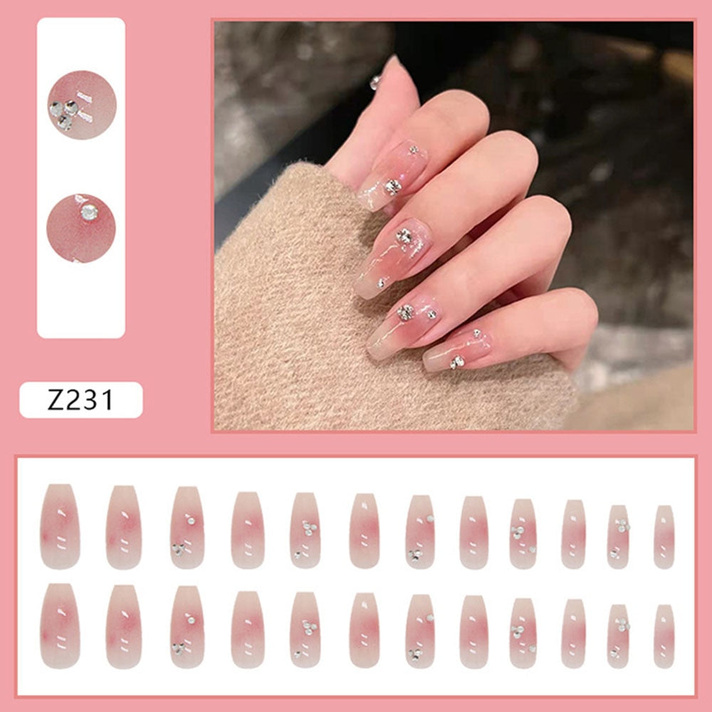 24Pcs Coffin Pink False Nails 3D Heart Diamond y2k Mid-length Fake Nails Full Finished Tulip Pattern Fake Nail Patches For Girls