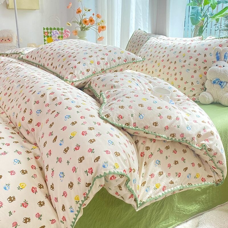 Cute Orange Bedding Sets ins Flower Duvet Cover Bed Sheet Soft Washed Cotton For Girl Single Size Bedspread