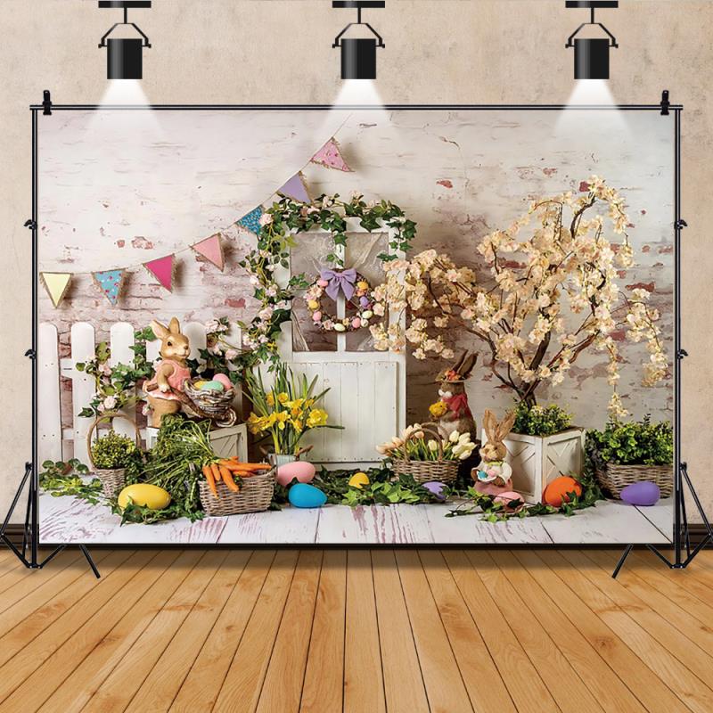 Qfdian Party decoration hot sale new Spring Easter Backdrop Brick Wall Egg Rabbit Newborn Baby Birthday Party Decor Wood Floor Photography Background Photo Studio