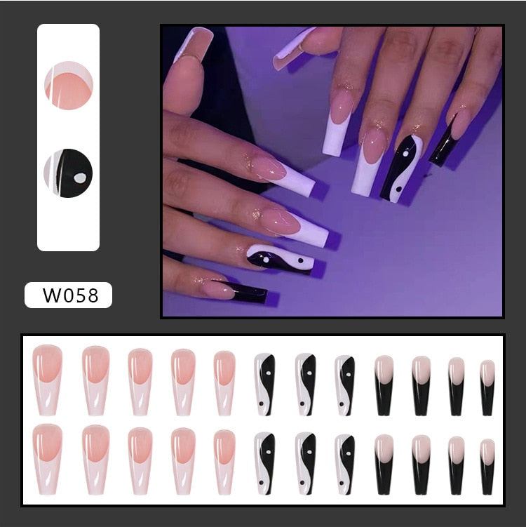 Qfdian gifts for women hot sale new 24pcs/box Fake Nails With Design Tai Chi White Black Full Cover Acrylic Press On Fake Nails Sets With Glue Long Artifical Nails