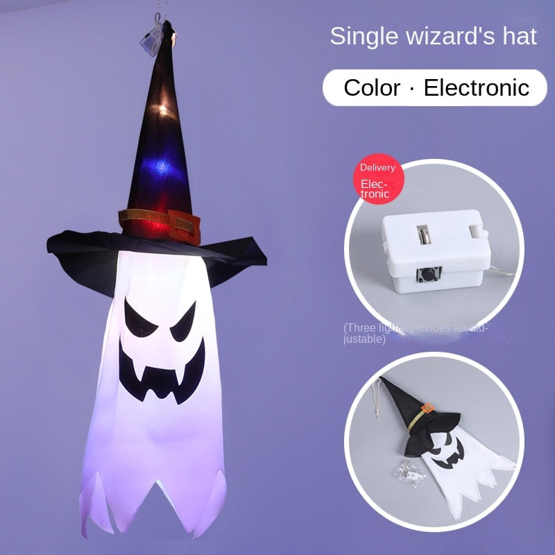 Qfdian halloween decorations halloween costumes halloween gift Halloween LED Flashing Light Hanging Ghost Halloween Party Dress Up Glowing Wizard Hat Lamp Horror Props for Home Bar Decoration