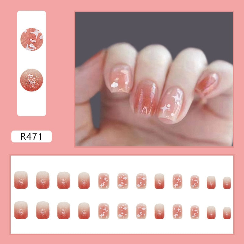 24pcs Gradient False Nails Cute Star Printed Design Fake Nail Short Square Faux Ongles Manicure Nail Stickers Press On Nail Tips