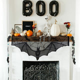 Qfdian halloween decorations halloween costumes halloween giftBat Table Runner Black Spider Web Lace Tablecloth Fireplace Curtain for Halloween Party Home Decoration Horror Props