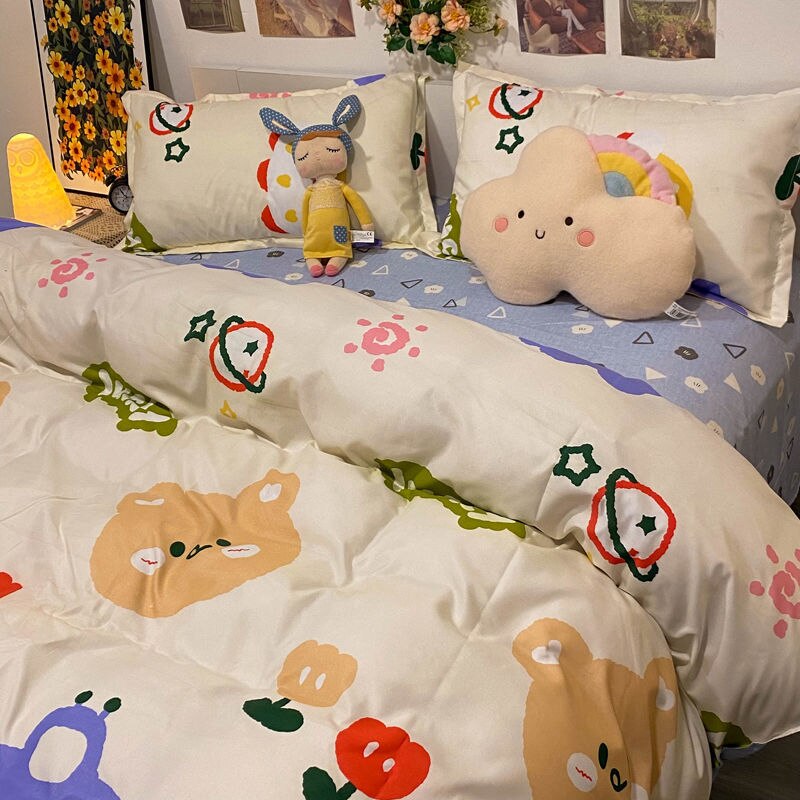 Floral Bedding Set Kawaii Rabbit Duvet Cover Flat Sheet Pillowcase Soft Bed Linens Single Full Dormitory Bedroom Home Textile