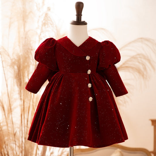 Qfdian christmas decor ideas nightmare before christmas Children&#39;s first birthday dress wine red velvet long sleeve Flower girl Baby princess dress Party Clothes for Christmas festive