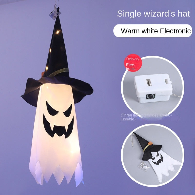 Qfdian halloween decorations halloween costumes halloween gift Halloween LED Flashing Light Hanging Ghost Halloween Party Dress Up Glowing Wizard Hat Lamp Horror Props for Home Bar Decoration