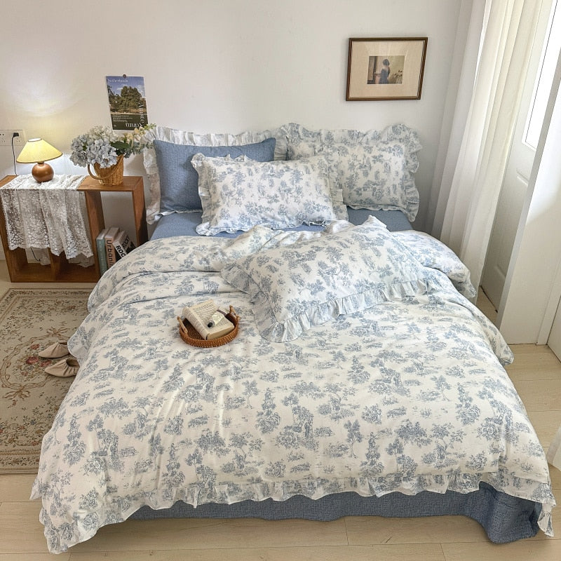 Qfdian 100% Cotton Small Floral Printed Lace Ruffle Bedding Set Simple Fresh Flower Single Duvet Cover Set Bed Linen Set Pillowcases