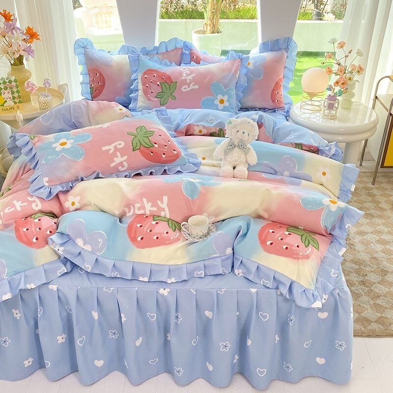 Girls Flowers Bedding Set Korean Princess Lace Ruffle Bed Skirt Quilt Cover Floral Duvet Cover Decor Home Simple Bedclothes