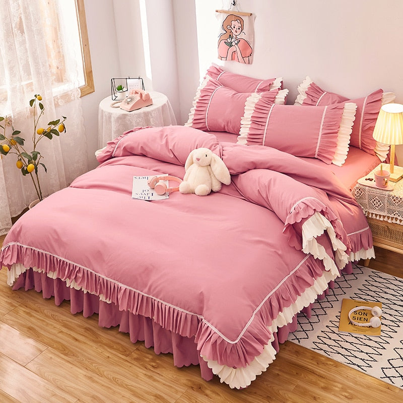 4pcs Couple Bed Quilt Set Sheet Bedsheet Bedspread Queen Size Duvets Cover Linens Comforter Bedding with Pillowcases Luxury Pink