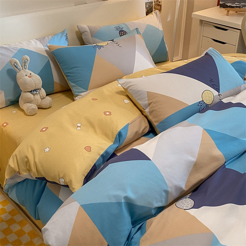 Qfdian Four Piece Bedding Set Cartoon Printed Cotton Bedsheets Set with Pillows Case Quilt Cover Three Piece Suit Home Textiles