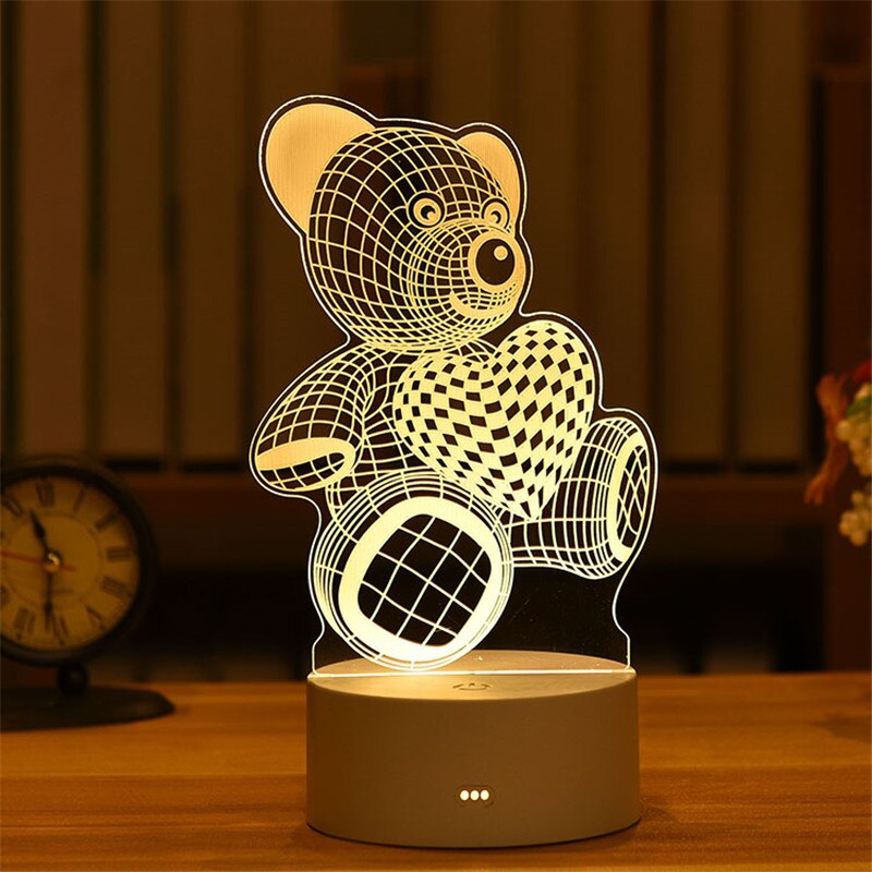 Qfdian Party decoration Valentine's Day Gift Rose 3D Lamp Acrylic LED Night Light Love/Bear/rabbit-shape Valentine Gift Girl Boy Present Easter Decor