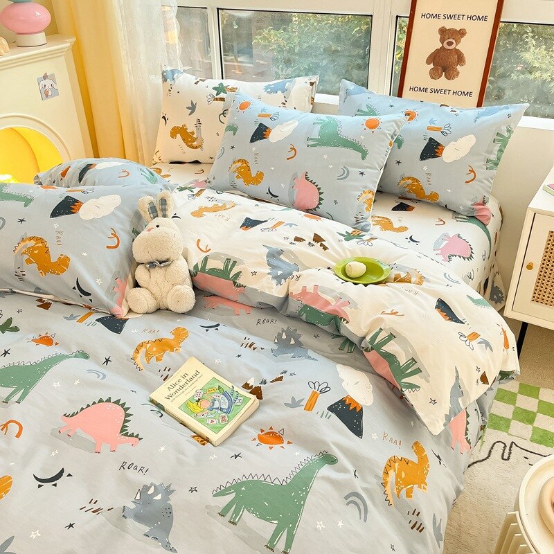 Kawaii Kids Bedding Set Soft Cotton Flat Fitted Sheet Duvet Cover Pillowcases Single Queen Cartoon Boy Girls Dormitory Bed Linen