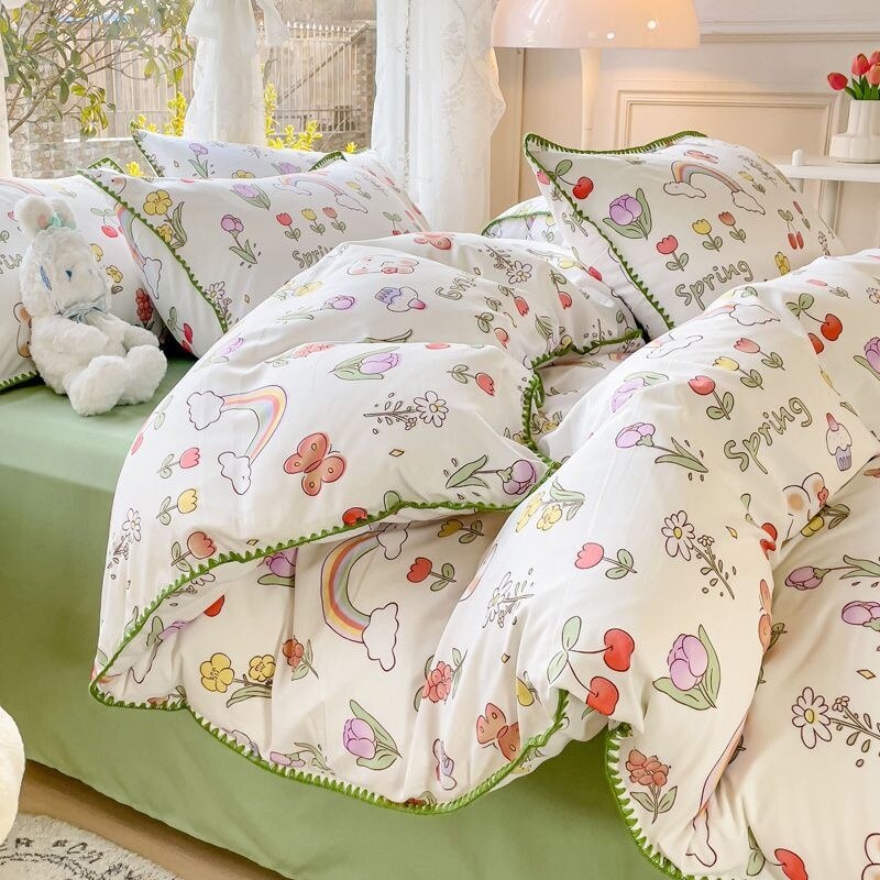 INS Pastoral Girls Flower Bedding Sets Washed Cotton Bed Linens Soft Quilt Cover Sheet Set Simple Bedspread Home Textiles