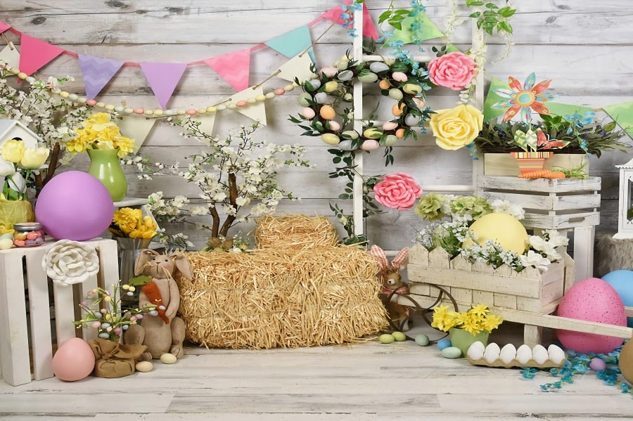 Qfdian Party decoration hot sale new Spring Easter Backdrop Brick Wall Egg Rabbit Newborn Baby Birthday Party Decor Wood Floor Photography Background Photo Studio