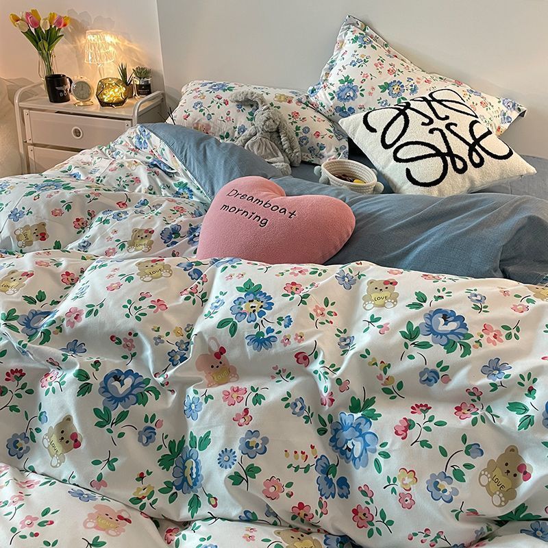 Ins Pink Tulip Bedding Set Floral Duvet Cover Flat Sheet with Pillowcases No Filling Single Queen Size Boys Girls Bed Linen