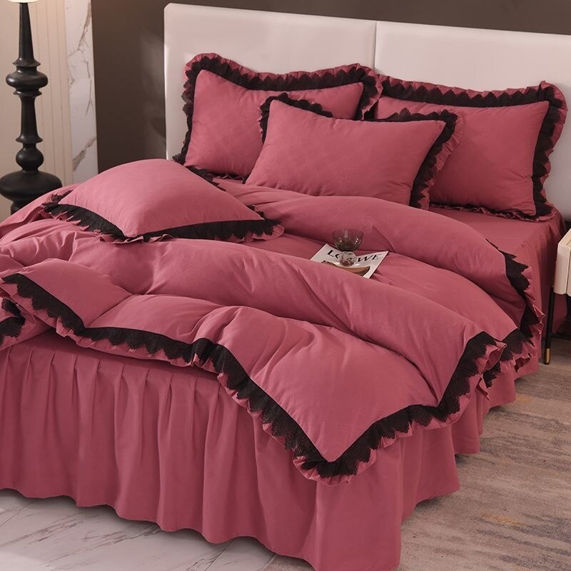 Luxury Solid Color Bedding Sets Princess Style French Lace Duvet Cover Bed Skirt Bedclothes For Girls 4 Piece Home Textiles