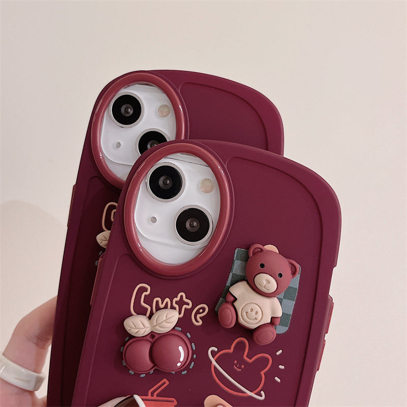 Qfdian iphone 13 pro max case For iphone 11 12 13 Pro Max XR Xs Max Phone Case Three-dimensional Cute Fashion Cartoon Girl Bear Candy Cherry Oval Frame Cover