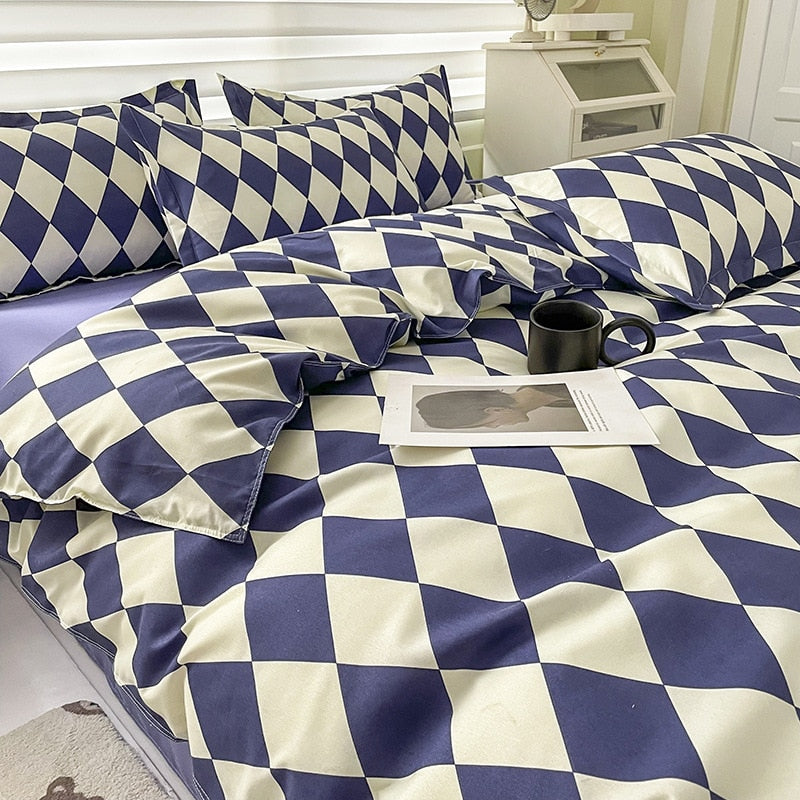 Vintage Checkerboard Bedding Coffee Blue Soft Single Full Queen Size Boys Girls Duvet Cover No Filler Flat Sheet Pillowcases Kit