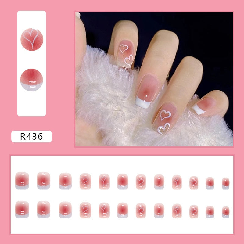 24PCS/Box 2023 New Artificial Nails With Glue Milky White Pink Gradients Long Ballet Full Cover Acrylic Nail Stick Fake Nail Tips