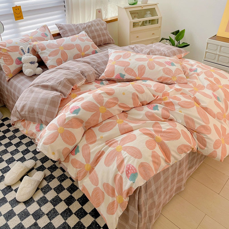 Cotton Bedding Set Pastoral Style Floral Bear Fitted Sheet Duvet Cover Pillowcase Fashion Cartoon Boy Girls Dormitory Bedclothes