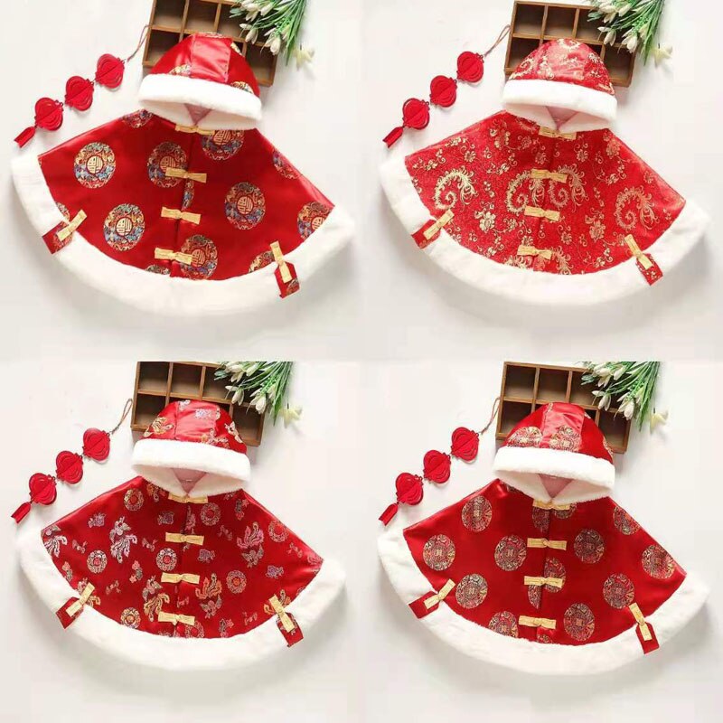 Tang Suit Baby Cloak Children's Chinese Top New Year's Wear Festive Windproof Plus Velvet Hooded Cloak Thickened Warm Bucket