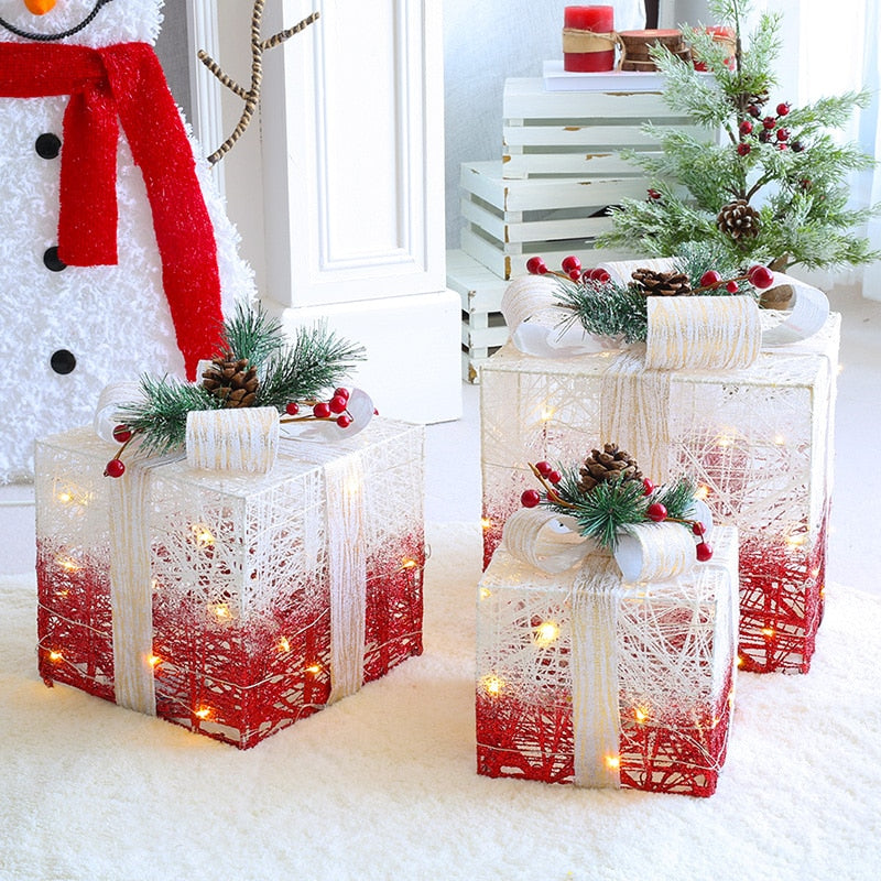 Qfdian Christmas Decoration Three-piece Gift Box Christmas Tree Ornaments Luminous Iron Art Home Outdoor Christmas Decorations Mall