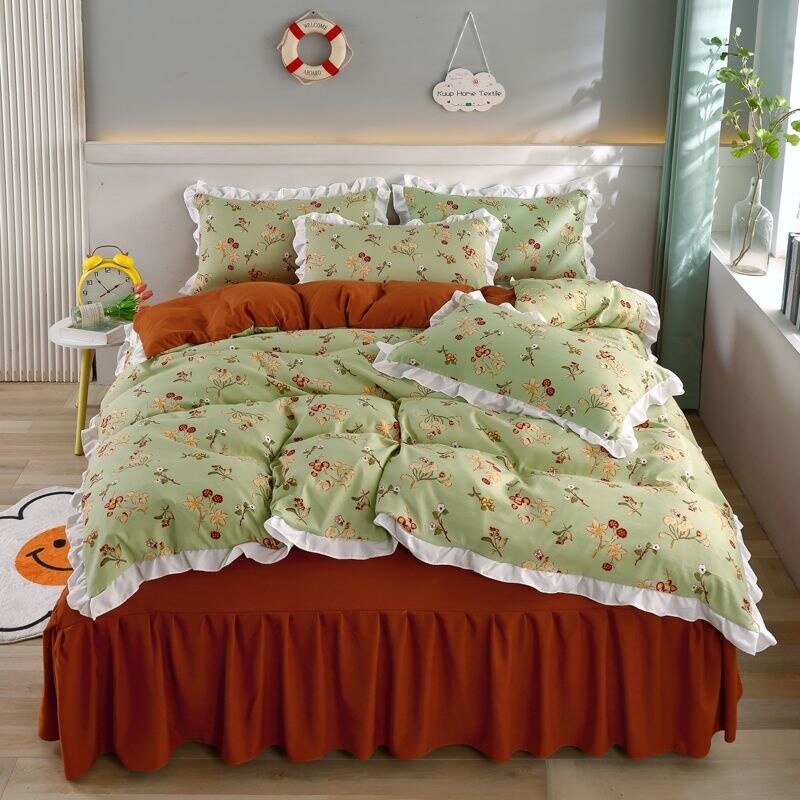 Simple Bedding Set Cute Girl Ruffle Lace Duvet Cover Bed Sheet Pillowcase Kawaii Cartoon Flower Quilt Cover 240x220cm