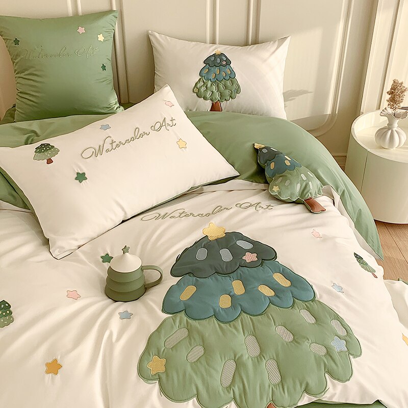 Lovely Cartoon Tree 100S Cotton Bedding Set Patch Embroidery Pillowcases Duvet Cover Set for Children (Queen King Size,4Pcs)