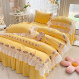 INS Korean Embroidery Ruffles Lace Bed Skirt Bedding Set Princess Girls Duvet Cover Pillowcase Solid Color Quilt Over Decor Home