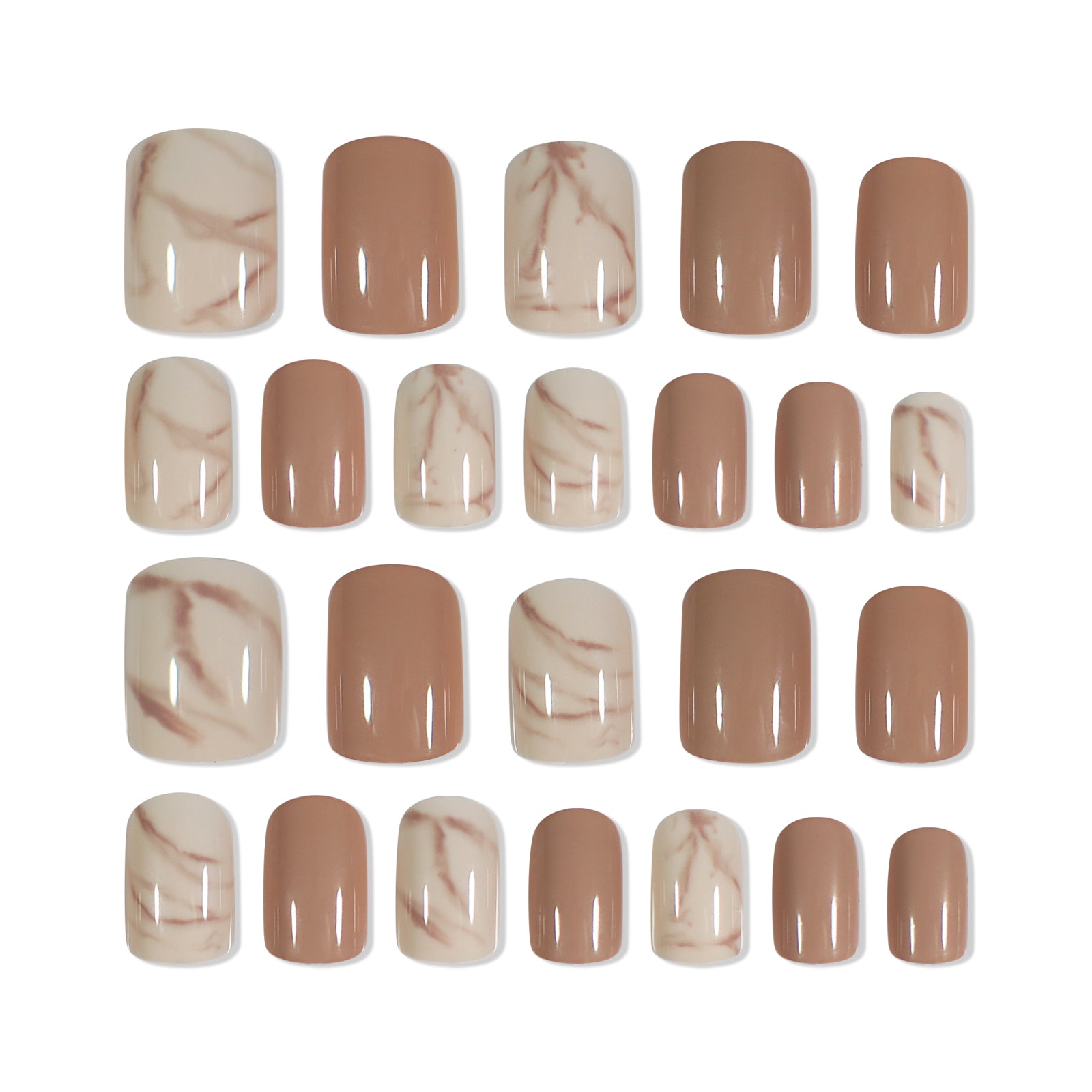 Qfdian Natural Nude Color Press On Nails Marble White Artificial False Nails Square Short Glossy Pattern Tips with Glue Sticker