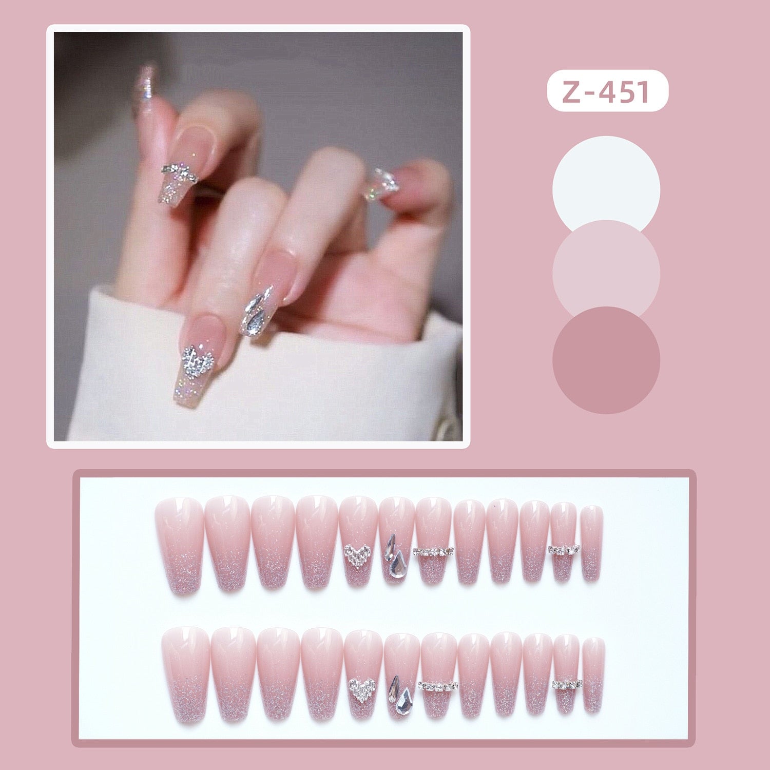 24Pcs Coffin Pink False Nails 3D Heart Diamond y2k Mid-length Fake Nails Full Finished Tulip Pattern Fake Nail Patches For Girls