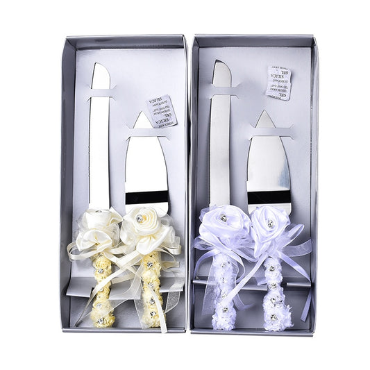 Ribbon Flower Decorated Stainless Steel Shovel Cake Pizza Knife Serving Set for Wedding Birthday Party Wedding Cake Cutter