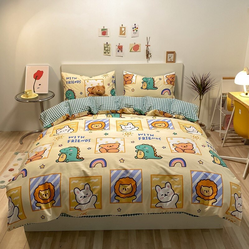 Kawaii Kids Bedding Set Soft Cotton Flat Fitted Sheet Duvet Cover Pillowcases Single Queen Cartoon Boy Girls Dormitory Bed Linen