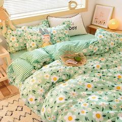 Ins Pastoral Style Green Floral Duvet Cover With Pillow Case Princess Bed Sheet Kids Girls Bedding Set King Queen Cute Kawaii