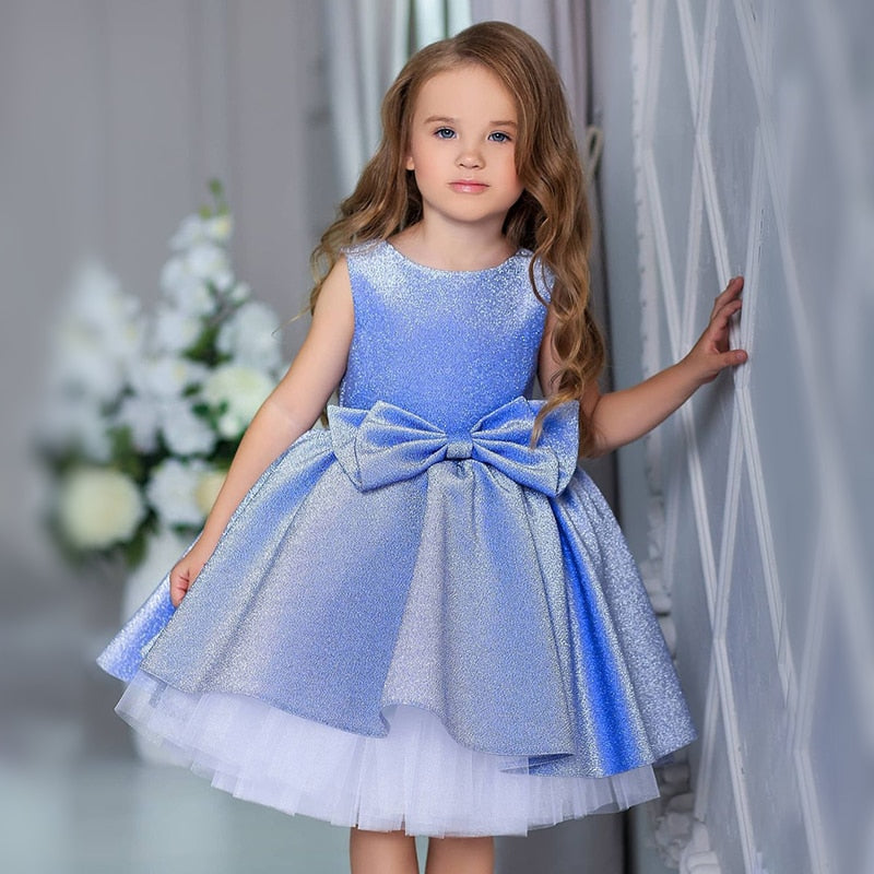 Qfdian Kids Formal Prom Shiny Girls Dresses for Weddings Bow Mesh Christmas Princess Costume Girl Birthday Party Gown 4-10 Year vestido