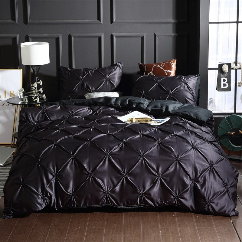 Qfdian Cozy apartment aesthetic hot sale new Luxury Emulation Silk Pinch Pleated King Size Bedding Set Satin High-end Duvet Cover Set Double Bed Quilt Cover with Pillowcase