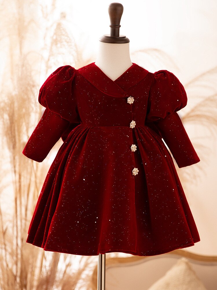 Qfdian christmas decor ideas nightmare before christmas Children&#39;s first birthday dress wine red velvet long sleeve Flower girl Baby princess dress Party Clothes for Christmas festive