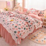 Ins Fashion Solid Bedding Set with Fitted Bed Sheet Cute Princess AB Double Sided Ruffle Quilt Cover Pillowcase Full Queen King