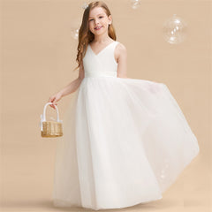 Qfdian Teen Girl Party Dress for Wedding Backless Princess Dress Girl Bridesmaid Pearl Sleeveless Long Dress Child Ceremony Event Gowns