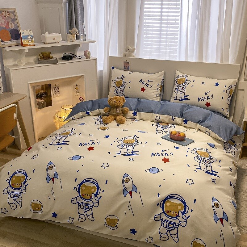 Kawaii Kids Bedding Set Soft Cotton Flat Fitted Sheet Duvet Cover Pillowcases Single Queen Cartoon Boy Girls Dormitory Bed Linen