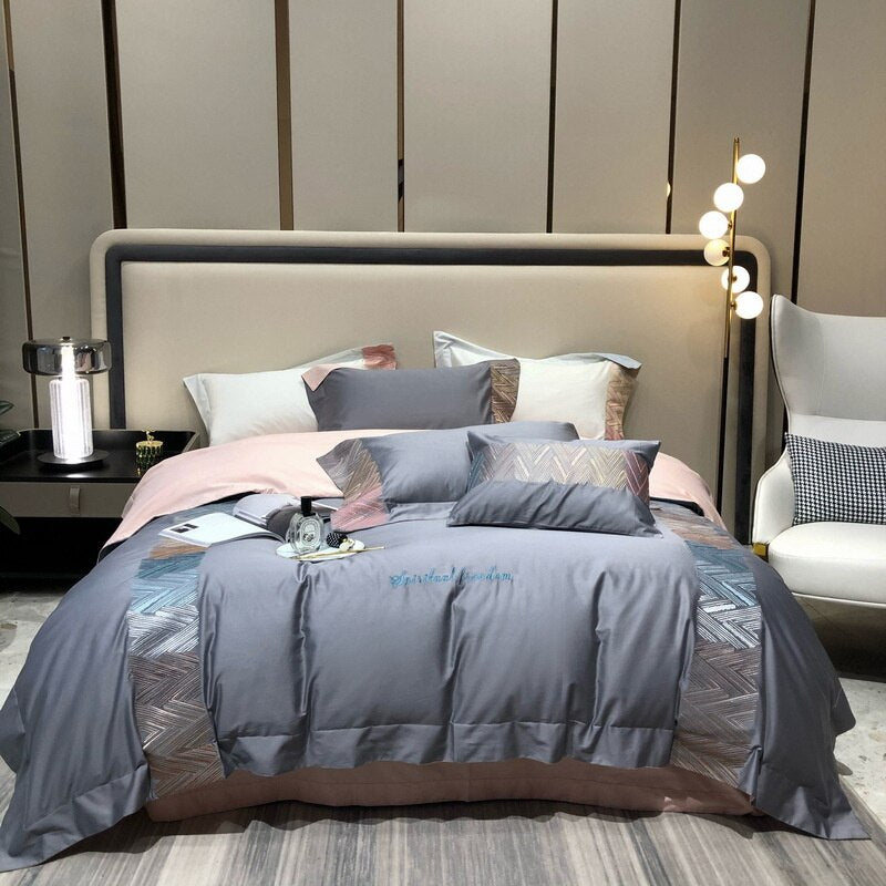 High End 100s Long Staple Cotton Bedding Set Queen Embroidery 100% Cotton Duvet Cover Set with Bed Sheets Quilt Cover Pillowcase