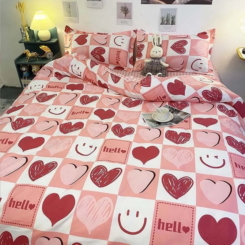 Qfdian Ins Princess Pink Heart Duvet Cover Home Textile Pillow Case Bed Sheet Kids Girls Bedding Covers Set King Queen Twin Cute Kawaii