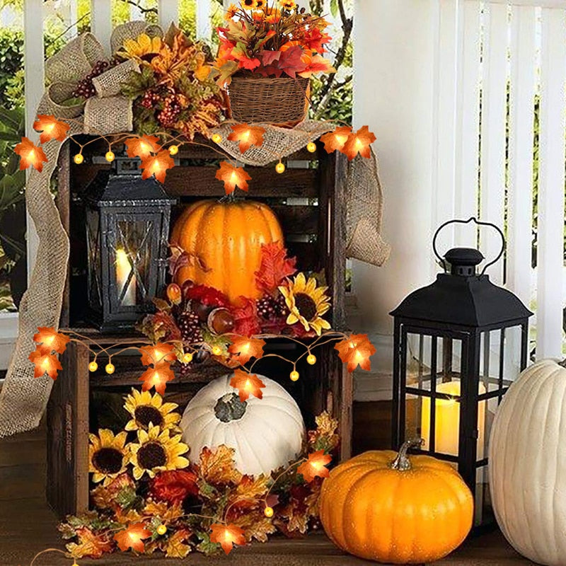 Qfdian halloween decorations halloween costumes halloween gift10/20Leds Pumpkin Maple Leaves Light String Fall Garland Battery Powered Indoor Outdoor Garden Halloween Thanksgiving Home Decor