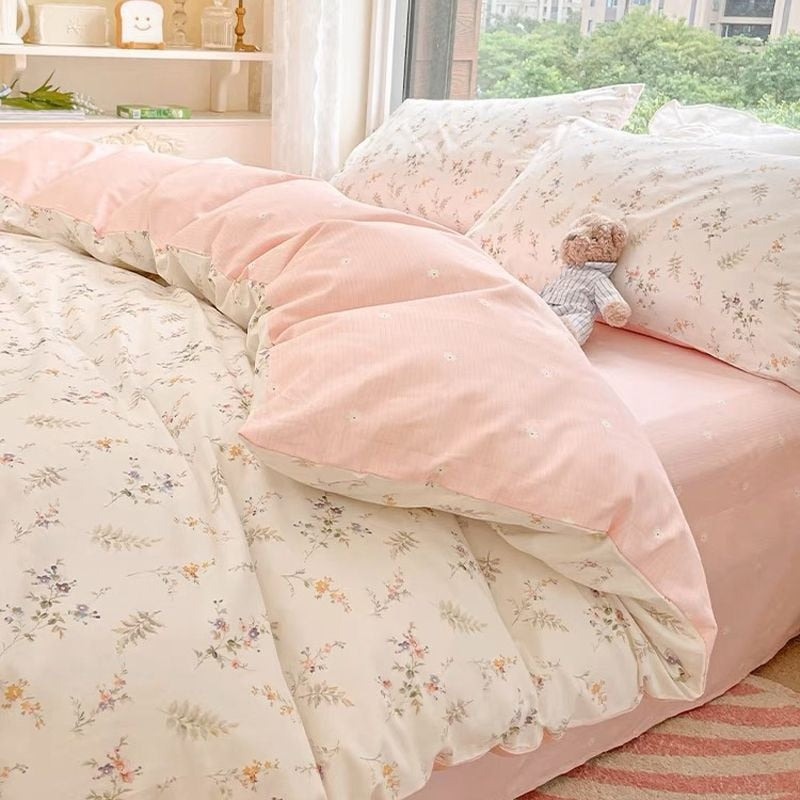 Ins Pink Flowers Bedding Set Flat Bed Sheet Duvet Cover Twin Full Queen Nordic Bed Linen Boy Girl Bedding Sets Flower Cherry